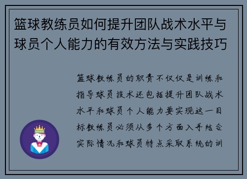 篮球教练员如何提升团队战术水平与球员个人能力的有效方法与实践技巧