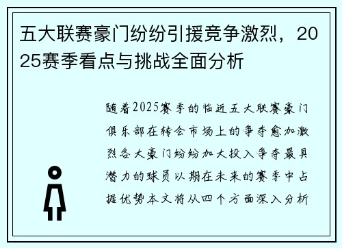 五大联赛豪门纷纷引援竞争激烈，2025赛季看点与挑战全面分析