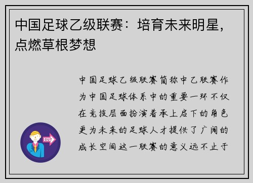 中国足球乙级联赛：培育未来明星，点燃草根梦想