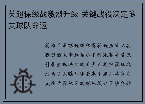 英超保级战激烈升级 关键战役决定多支球队命运