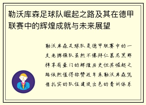 勒沃库森足球队崛起之路及其在德甲联赛中的辉煌成就与未来展望