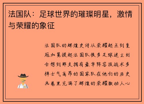 法国队：足球世界的璀璨明星，激情与荣耀的象征