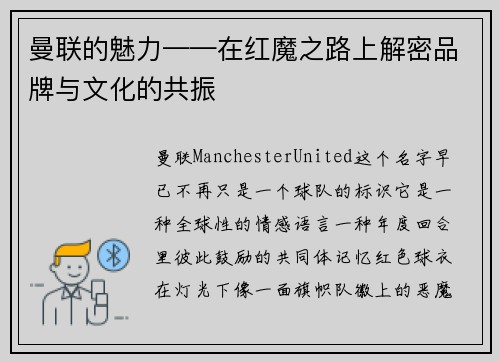 曼联的魅力——在红魔之路上解密品牌与文化的共振