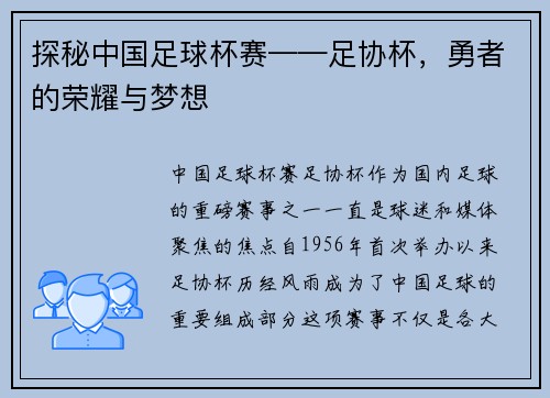 探秘中国足球杯赛——足协杯，勇者的荣耀与梦想