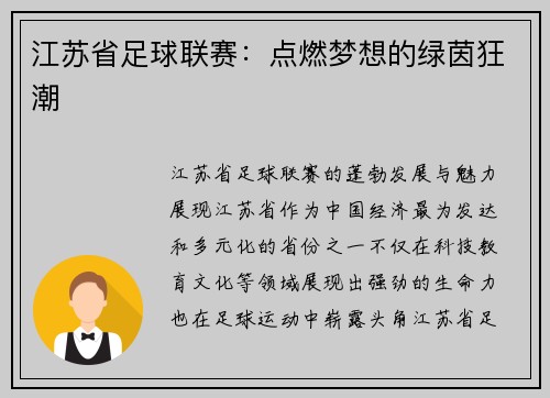 江苏省足球联赛：点燃梦想的绿茵狂潮